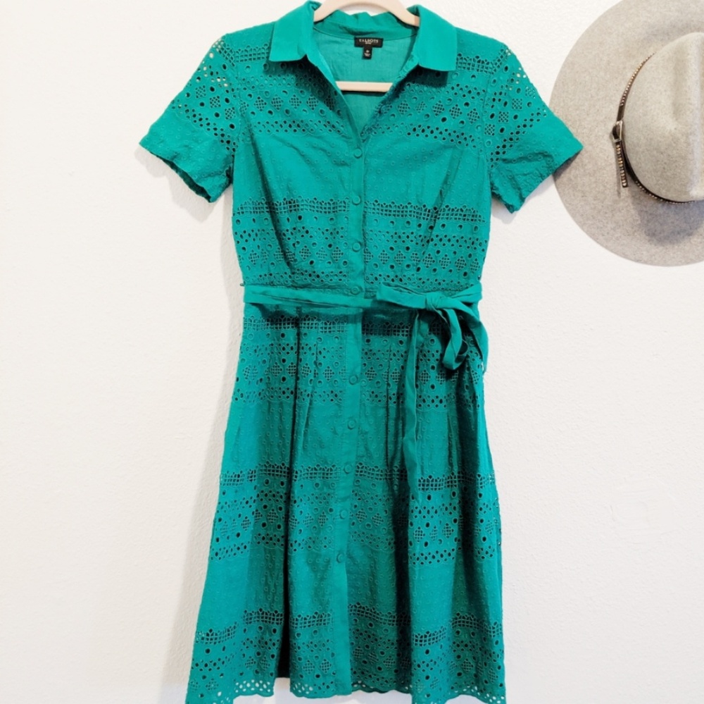 Talbot's Eyelet Button Down Short Sleeve Collar Tie Waist